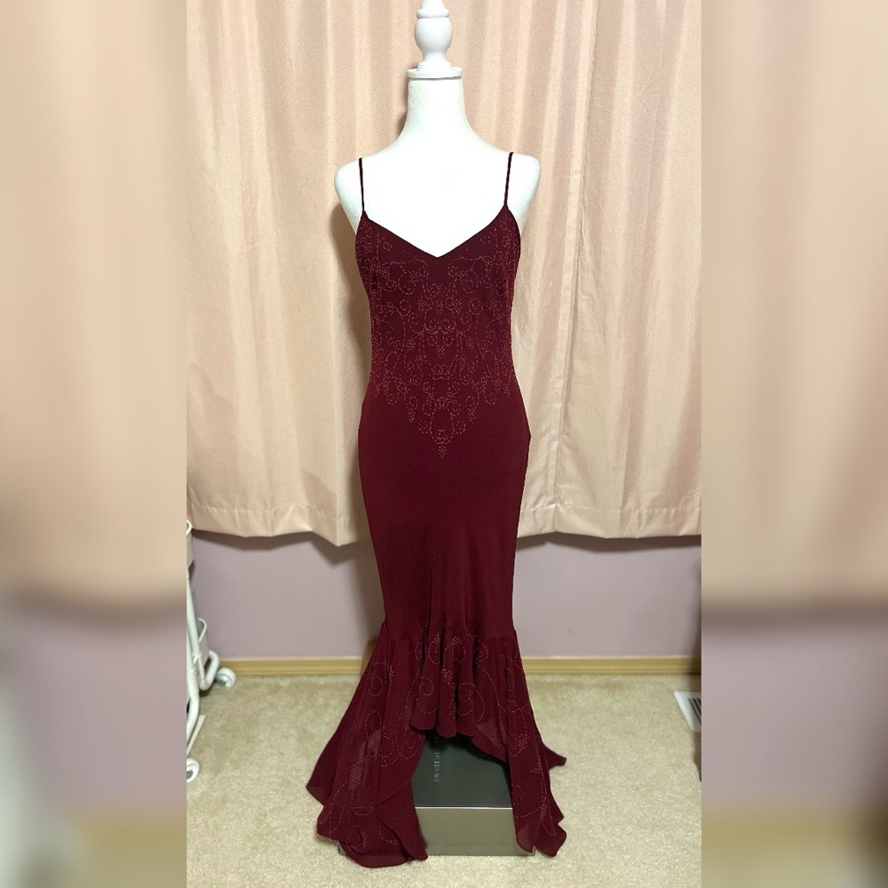 burgundy dress with beaded detailing